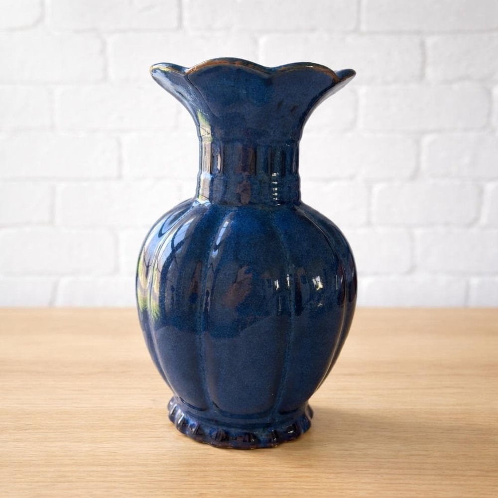 Vintage Cobalt Blue Ceramic Vase Lobed Melon Ruffled Rim Scalloped 12 Inch